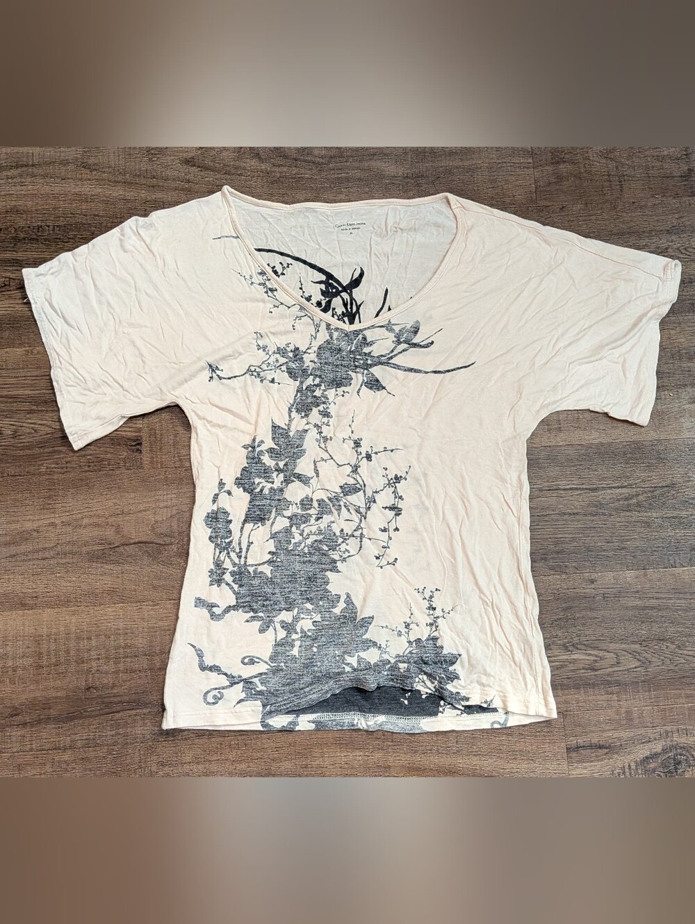 Calvin Klein Jeans Cream Short-Sleeve Top with Abstract Floral Print